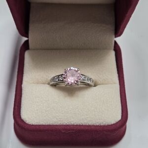Pink Solitaire Ring with Pavé Accents Size 7